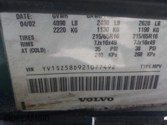 2002 Volvo V70 with VIN YV1SZ58D921077492, listed as a IAAI auction lot 42053894 with 167,887 mi miles and . Bid and sale history available at DreamBid. Image 9.