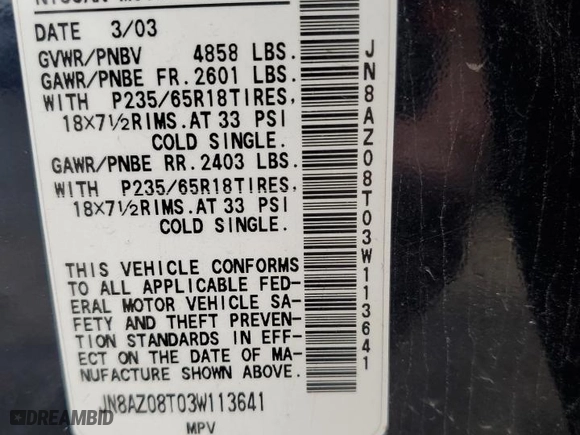 2003 Nissan Murano SL with VIN JN8AZ08T03W113641, listed as a Copart auction lot 71799404 with 98,383 mi miles and Salvage Title. Bid and sale history available at carsss.com. Image 13.