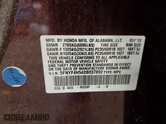 2013 Honda Pilot EX-L z VIN 5FNYF4H54DB037892, wystawiony jako Copart lot #58412945 z przebiegiem Nie podano mil oraz Nie do naprawy • Non repairable. Historia ofert i sprzedaży dostępna na DreamBid. Obrazek 13.