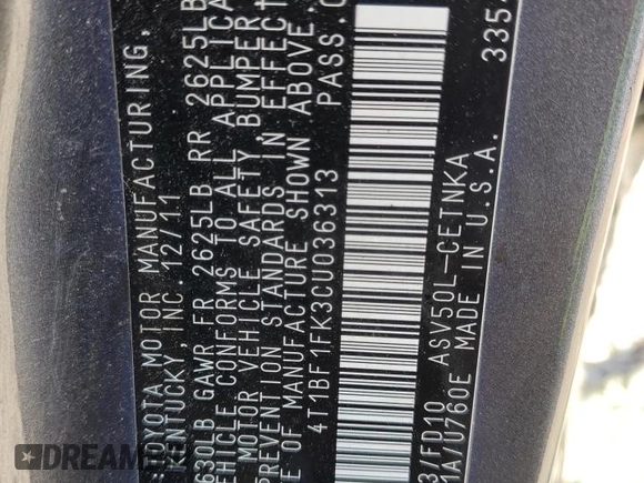 2012 Toyota Camry L with VIN 4T1BF1FK3CU036313, listed as a Copart auction lot 50185315 with 257,471 mi miles and Salvage Title. Bid and sale history available at carsss.com. Image 12.