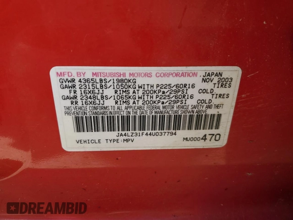 2004 Mitsubishi Outlander LS z VIN JA4LZ31F44U037794, wystawiony jako Copart lot #77416374 z przebiegiem 168 970 mil mil oraz Szkoda całkowita • Salvage title. Historia ofert i sprzedaży dostępna na DreamBid. Obrazek 13.