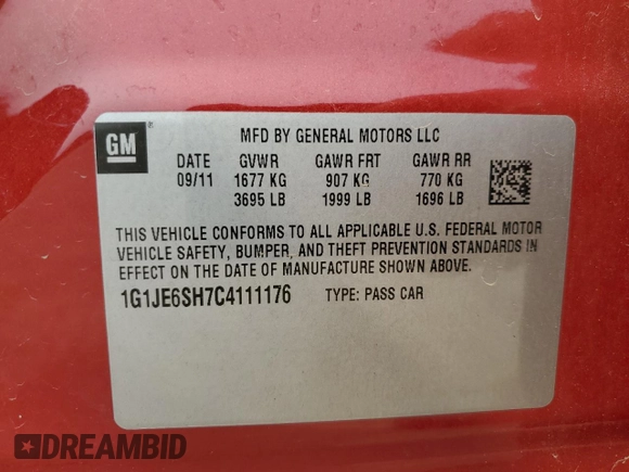 2012 Chevrolet Sonic LTZ with VIN 1G1JE6SH7C4111176, listed as a Copart auction lot 59002575 with 116,640 mi miles and Salvage title. Bid and sale history available at DreamBid. Image 12.
