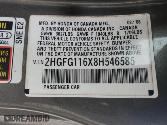 2008 Honda Civic Cpe LX with VIN 2HGFG116X8H546585, listed as a Copart auction lot 54701365 with 167,056 mi miles and Salvage Title. Bid and sale history available at carsss.com. Image 12.