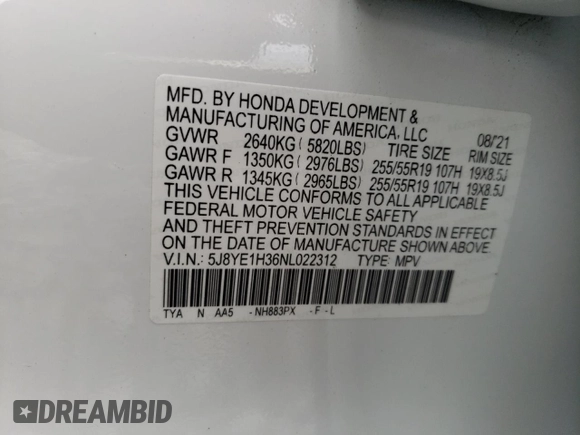 2022 Acura MDX with VIN 5J8YE1H36NL022312, listed as a Copart auction lot 57847005 with 15,625 mi miles and Salvage title. Bid and sale history available at DreamBid. Image 13.