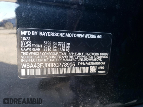2024 BMW 5 Series 530i with VIN WBA43FJ08RCP78906, listed as a Copart auction lot 50730475 with 29,442 mi miles and Salvage title. Bid and sale history available at DreamBid. Image 15.
