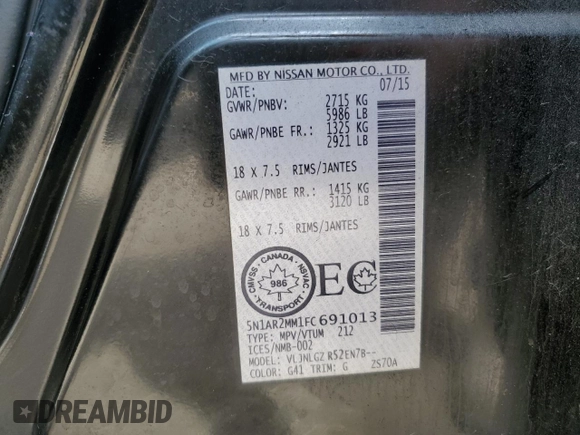 2015 Nissan Pathfinder SL with VIN 5N1AR2MM1FC691013, listed as a Copart auction lot 61550215 with 203,409 mi miles and Clean title. Bid and sale history available at DreamBid. Image 13.