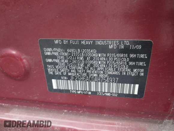 2010 Subaru Forester X with VIN JF2SH6AC0AH754937, listed as a IAAI auction lot 42636621 with Not provided miles and . Bid and sale history available at DreamBid. Image 9.