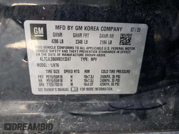 2021 Chevrolet Trax LT with VIN KL7CJLSB6MB313247, listed as a Copart auction lot 54295285 with 85,130 mi miles and Salvage title. Bid and sale history available at DreamBid. Image 13.