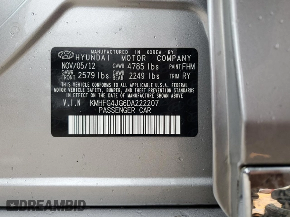 2013 Hyundai Azera with VIN KMHFG4JG6DA222207, listed as a Copart auction lot 46831495 with 68,234 mi miles and Salvage Title. Bid and sale history available at DreamBid. Image 12.