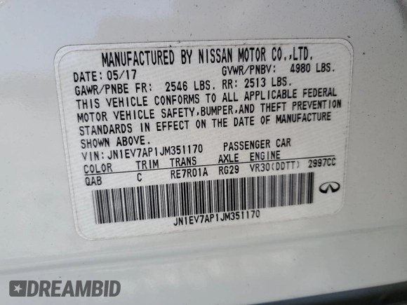 2018 Infiniti Q50 Luxe with VIN JN1EV7AP1JM351170, listed as a Copart auction lot 60412915 with 100,290 mi miles and Salvage title. Bid and sale history available at DreamBid. Image 12.