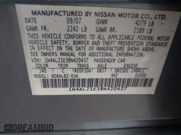 2008 Nissan Altima 2.5 SL with VIN 1N4AL21E38N420437, listed as a IAAI auction lot 42085754 with 80,912 mi miles. Bid and sale history available at carsss.com. Image 9.