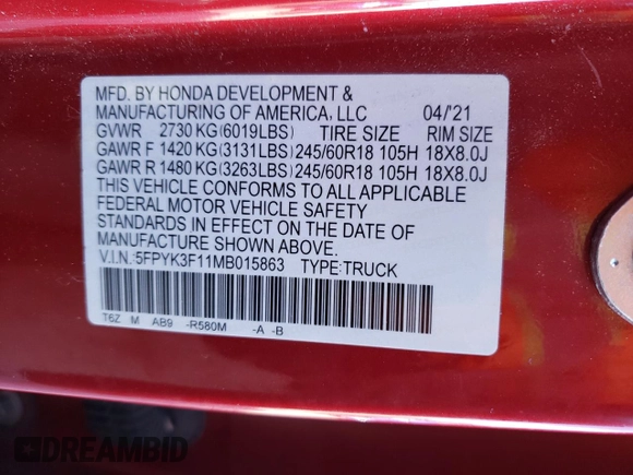 2021 Honda Ridgeline Sport with VIN 5FPYK3F11MB015863, listed as a Copart auction lot 45236215 with 67,854 mi miles and Salvage title. Bid and sale history available at DreamBid. Image 15.
