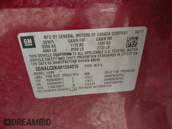 2017 Chevrolet Equinox LT with VIN 2GNALCEK4H1594316, listed as a IAAI auction lot 41961606 with 57,240 mi miles. Bid and sale history available at carsss.com. Image 9.