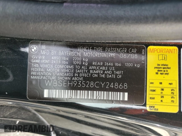 2008 BMW 6 Series M6 with VIN WBSEH93528CY24868, listed as a Copart auction lot 51190605 with 97,311 mi miles and Clean Title. Bid and sale history available at DreamBid. Image 12.