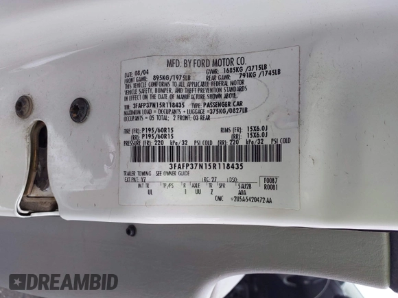 2005 Ford Focus S with VIN 3FAFP37N15R118435, listed as a IAAI auction lot 42671624 with 113,226 mi miles and . Bid and sale history available at DreamBid. Image 9.