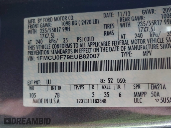 2014 Ford Escape S with VIN 1FMCU0F79EUB82007, listed as a IAAI auction lot 41760796 with 176,194 mi miles. Bid and sale history available at carsss.com. Image 9.