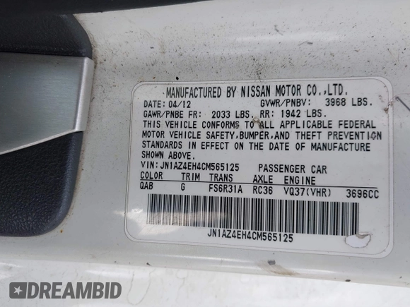 2012 Nissan 370Z Touring with VIN JN1AZ4EH4CM565125, listed as a IAAI auction lot 41630602 with 121,823 mi miles. Bid and sale history available at carsss.com. Image 9.