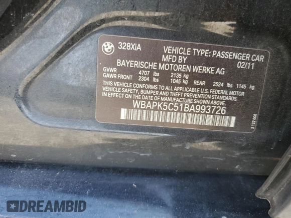 2011 BMW 3 Series 328i xDrive with VIN WBAPK5C51BA993726, listed as a Copart auction lot 54269975 with 123,267 mi miles and Salvage Title. Bid and sale history available at DreamBid. Image 13.