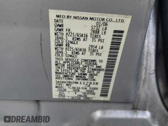 2006 Nissan Quest S Special Edition with VIN 5N1BV28U26N117938, listed as a Copart auction lot 65632304 with 178,888 mi miles and Salvage Title. Bid and sale history available at carsss.com. Image 13.