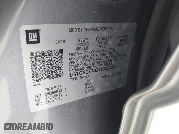 2019 GMC Canyon 4WD SLE with VIN 1GTG6CEN6K1352824, listed as a IAAI auction lot 41875753 with 60,684 mi miles. Bid and sale history available at carsss.com. Image 9.
