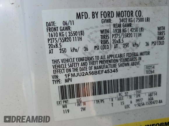 2011 Ford Expedition Limited with VIN 1FMJU2A56BEF45345, listed as a Copart auction lot 58817895 with 196,164 mi miles and Non repairable. Bid and sale history available at DreamBid. Image 13.