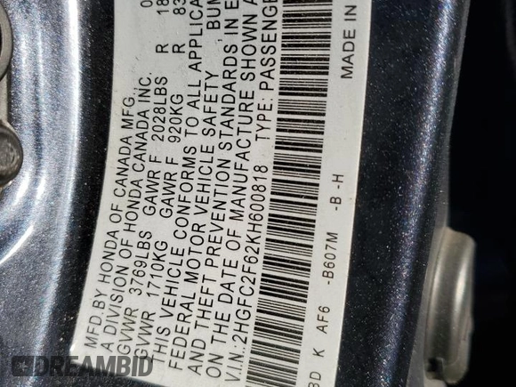 2019 Honda Civic LX with VIN 2HGFC2F62KH600818, listed as a Copart auction lot 50162865 with Not Provided miles and Salvage Title. Bid and sale history available at DreamBid. Image 13.