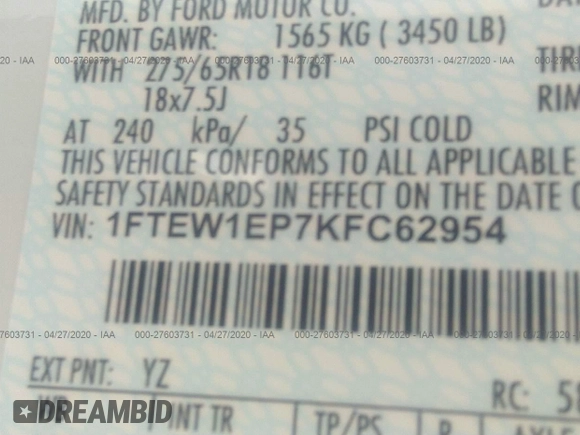 2019 Ford F-150 XL with VIN 1FTEW1EP7KFC62954, listed as a IAAI auction lot 27603731 with 14 mi miles and . Bid and sale history available at DreamBid. Image 9.