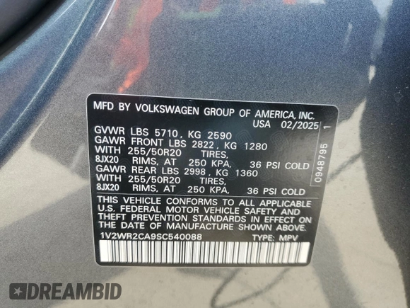 2025 Volkswagen Atlas SE with VIN 1V2WR2CA9SC540088, listed as a Copart auction lot 54500125 with 1,786 mi miles and Clean title. Bid and sale history available at DreamBid. Image 13.