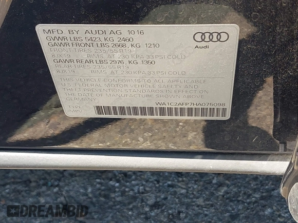 2017 Audi Q5 Premium with VIN WA1C2AFP7HA075098, listed as a IAAI auction lot 42499835 with 86,410 mi miles and . Bid and sale history available at DreamBid. Image 9.