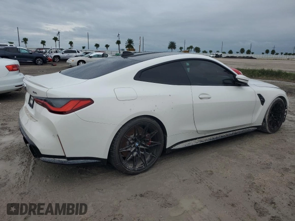 2021 BMW M4 with VIN WBS53AZ04MCG28925, listed as a Copart auction lot 73985524 with 0 mi miles and Salvage Title. Bid and sale history available at carsss.com. Image 3.