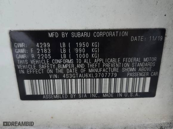 2020 Subaru Impreza Limited with VIN 4S3GTAU6XL3707779, listed as a Copart auction lot 82619984 with 46,744 mi miles and Salvage Title. Bid and sale history available at carsss.com. Image 12.
