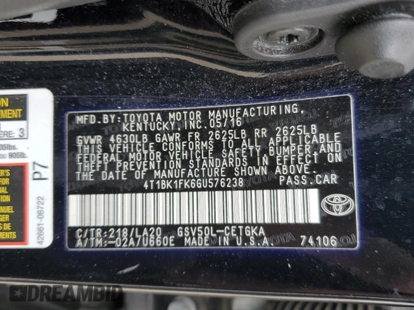 2016 Toyota Camry XSE with VIN 4T1BK1FK6GU576238, listed as a Copart auction lot 46413105 with 107,786 mi miles and Salvage Title. Bid and sale history available at carsss.com. Image 12.