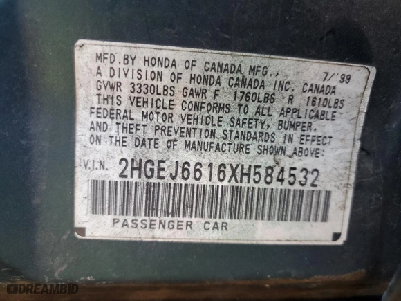 1999 Honda Civic VP with VIN 2HGEJ6616XH584532, listed as a Copart auction lot 86696594 with 232,724 mi miles and Salvage Title. Bid and sale history available at carsss.com. Image 12.