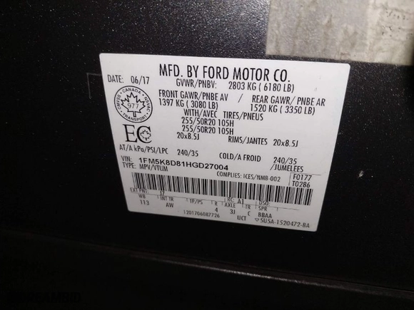 2017 Ford Explorer XLT with VIN 1FM5K8D81HGD27004, listed as a IAAI auction lot 41760831 with 107,187 mi miles. Bid and sale history available at carsss.com. Image 9.