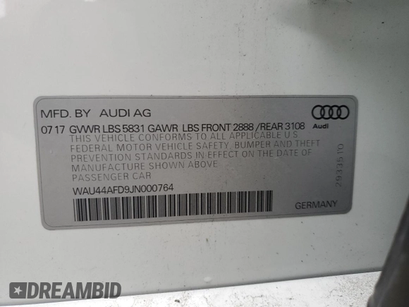 2018 Audi A8 with VIN WAU44AFD9JN000764, listed as a Copart auction lot 43721224 with 58,686 mi miles and . Bid and sale history available at DreamBid. Image 15.