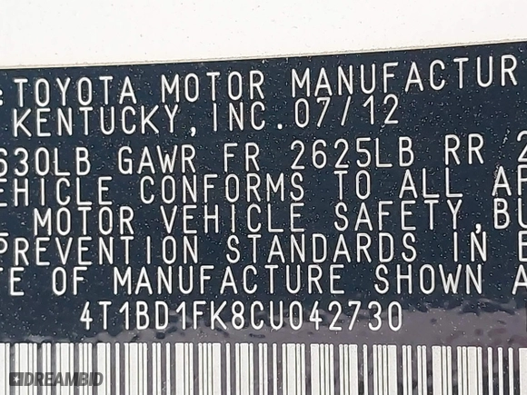 2012 Toyota Camry Hybrid XLE with VIN 4T1BD1FK8CU042730, listed as a IAAI auction lot 41803259 with 172,202 mi miles. Bid and sale history available at carsss.com. Image 9.