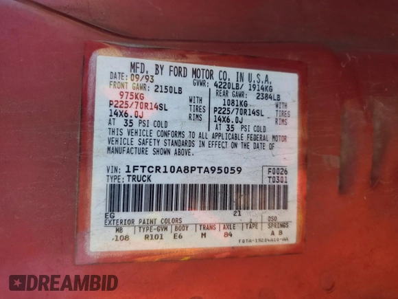 1993 Ford Ranger Splash with VIN 1FTCR10A8PTA95059, listed as a Copart auction lot 41577815 with 22,237 mi miles and Salvage title. Bid and sale history available at DreamBid. Image 15.