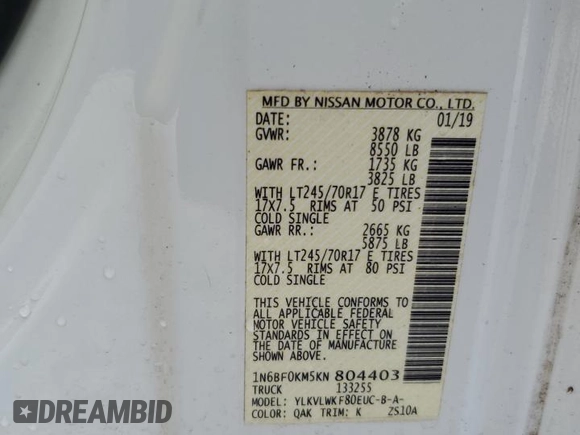 2019 Nissan NV Cargo S z VIN 1N6BF0KM5KN804403, wystawiony jako Copart lot #72478554 z przebiegiem 120 573 mil mil oraz Tytuł czysty. Historia ofert i sprzedaży dostępna na DreamBid. Obrazek 13.