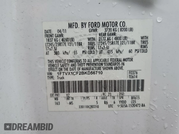 2011 Ford F-150 XL w/HD Payload Pkg with VIN 1FTVX1CF2BKD56710, listed as a Copart auction lot 43467175 with 221,689 mi miles and Salvage Title. Bid and sale history available at carsss.com. Image 12.