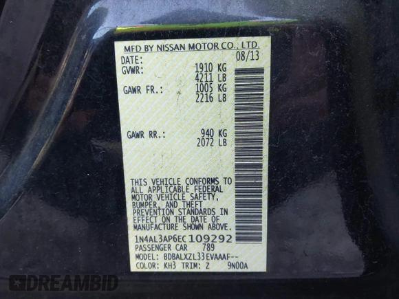 2014 Nissan Altima S with VIN 1N4AL3AP6EC109292, listed as a IAAI auction lot 41645402 with 264,390 mi miles and . Bid and sale history available at DreamBid. Image 9.