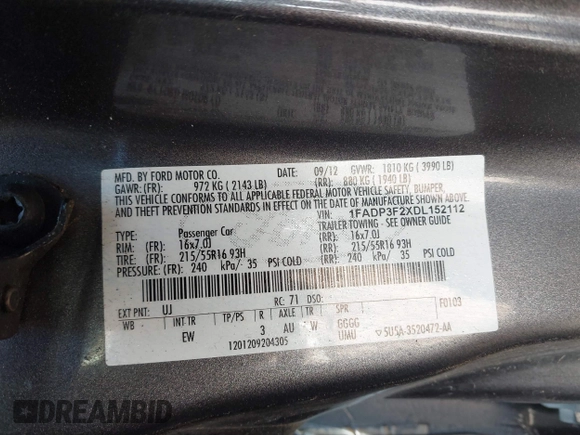 2013 Ford Focus SE with VIN 1FADP3F2XDL152112, listed as a IAAI auction lot 41839118 with 157,609 mi miles. Bid and sale history available at carsss.com. Image 9.
