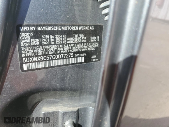 2016 BMW X3 xDrive28i with VIN 5UXWX9C57G0D77275, listed as a Copart auction lot 52370655 with 106,358 mi miles and Salvage Title. Bid and sale history available at DreamBid. Image 13.
