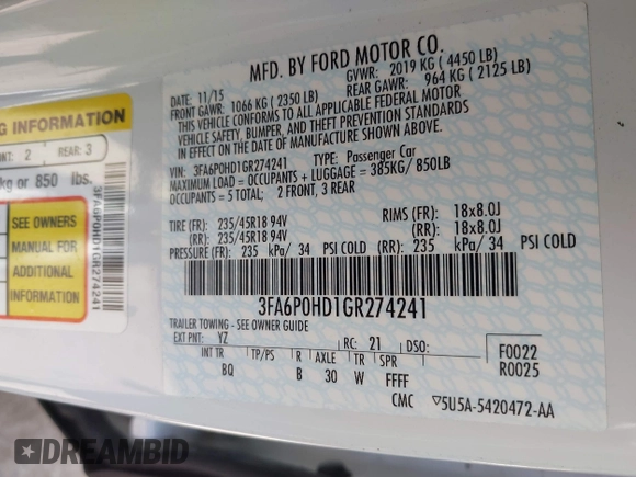 2016 Ford Fusion SE with VIN 3FA6P0HD1GR274241, listed as a IAAI auction lot 42113320 with 103,870 mi miles and . Bid and sale history available at DreamBid. Image 9.