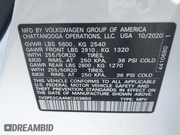 2021 Volkswagen Atlas SE with VIN 1V2PE2CA4MC203850, listed as a IAAI auction lot 41634034 with 56,336 mi miles and . Bid and sale history available at DreamBid. Image 9.