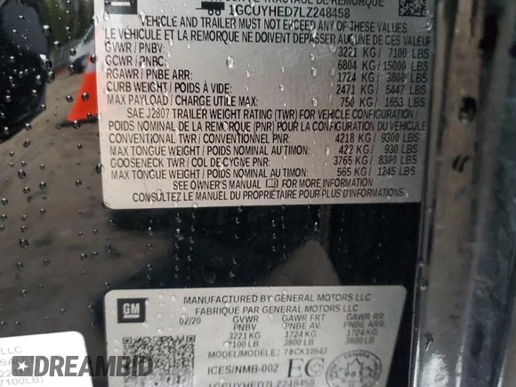 2020 Chevrolet Silverado 1500 High Country with VIN 1GCUYHED7LZ248458, listed as a Copart auction lot 44598785 with 91,793 mi miles and Salvage Title. Bid and sale history available at carsss.com. Image 12.