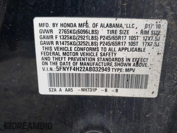 2010 Honda Pilot LX with VIN 5FNYF4H22AB032949, listed as a IAAI auction lot 42309344 with 247,611 mi miles and . Bid and sale history available at DreamBid. Image 9.