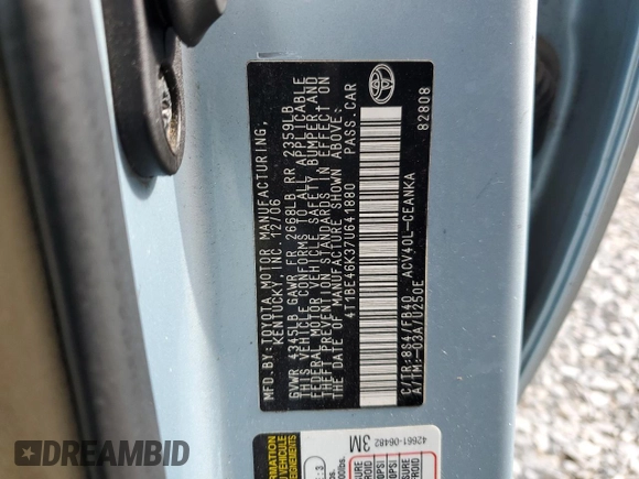 2007 Toyota Camry CE with VIN 4T1BE46K37U641880, listed as a Copart auction lot 50663895 with 159,685 mi miles and Salvage Title. Bid and sale history available at DreamBid. Image 14.