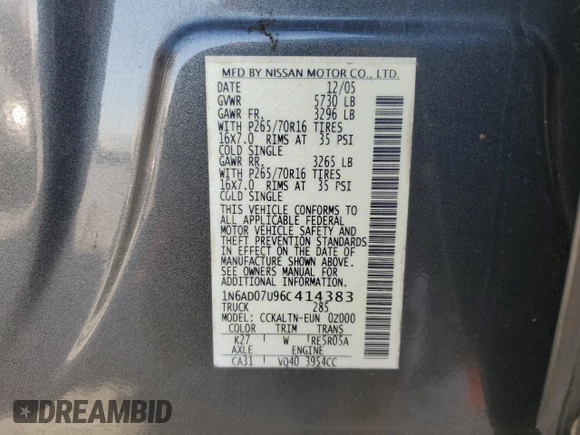 2006 Nissan Frontier SE z VIN 1N6AD07U96C414383, wystawiony jako Copart lot #42487195 z przebiegiem 116 557 mil mil oraz Szkoda całkowita • Salvage title. Historia ofert i sprzedaży dostępna na DreamBid. Obrazek 15.