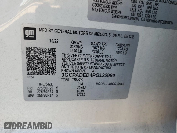2023 Chevrolet Silverado 1500 RST with VIN 3GCPADED4PG122980, listed as a Copart auction lot 80161004 with 34,166 mi miles and Clean Title. Bid and sale history available at DreamBid. Image 12.