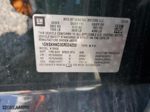 2016 Chevrolet Suburban LT with VIN 1GNSKHKC0GR334258, listed as a Copart auction lot 49060455 with 203,412 mi miles and Salvage Title. Bid and sale history available at carsss.com. Image 14.